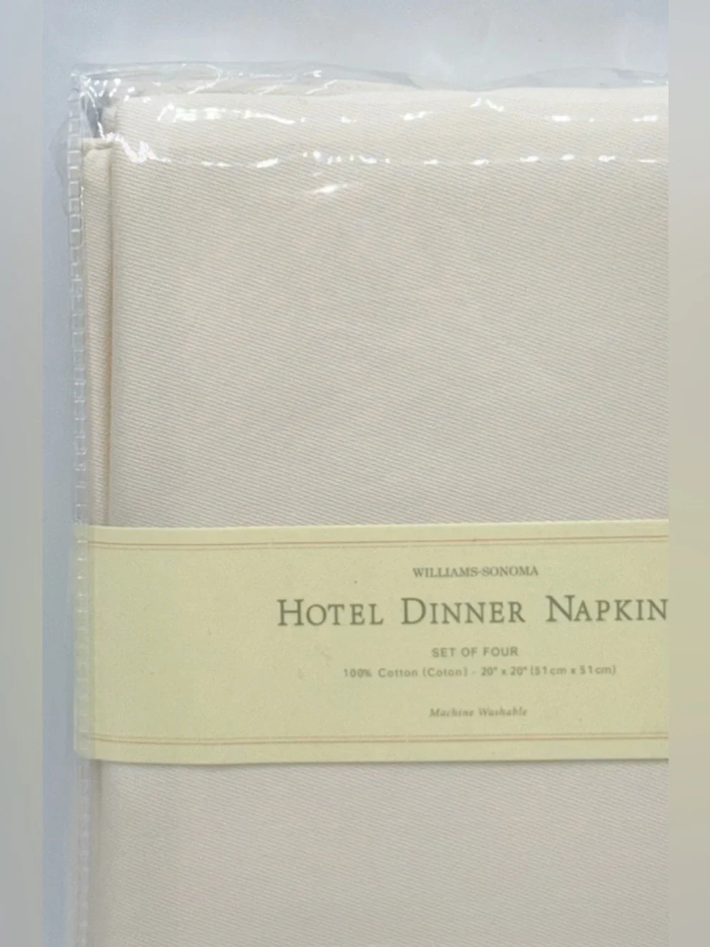 Williams Sonoma Hotel Dinner Napkins set 4 Ivory 20”x20 Cloth Cotton Dining NEW